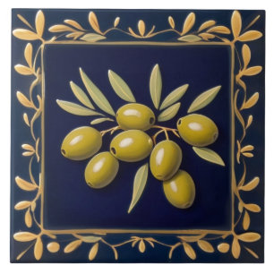 Carreau Olives Bleu Marine Vert Feuilles d'Olive Méditerra