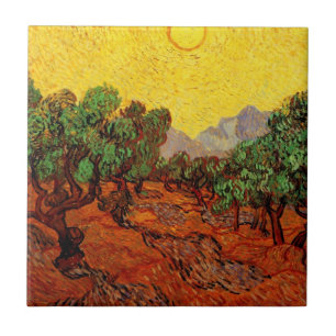Carreau Oliviers de Van Gogh avec ciel jaune et soleil