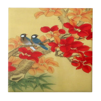 Carreau Or chinois et floral rouge