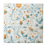 Carreau Orange bleu rétro motif floral<br><div class="desc">Fond blanc. Décoré de fleurs orangées et de feuillages bleus,  style folklorique rétro</div>
