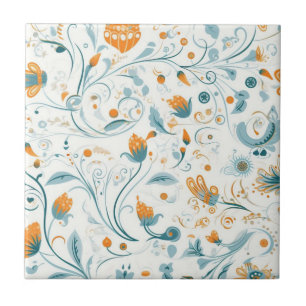 Carreau Orange bleu rétro motif floral