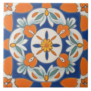 Carreau Orange et bleu Géométrique Floral Méditerranée