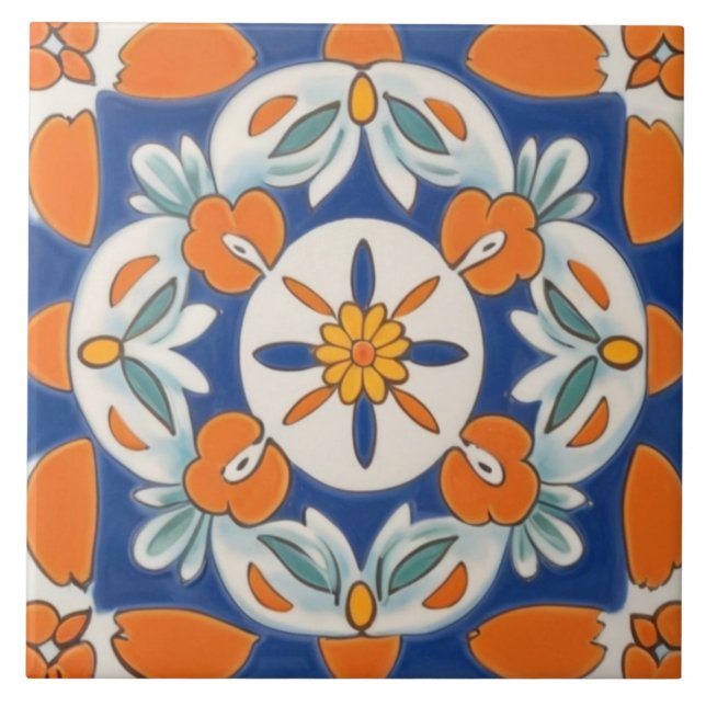Carreau Orange et bleu Géométrique Floral Méditerranée (Devant)