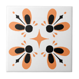 Carreau Orange et noir sur blanc motif floral complexe