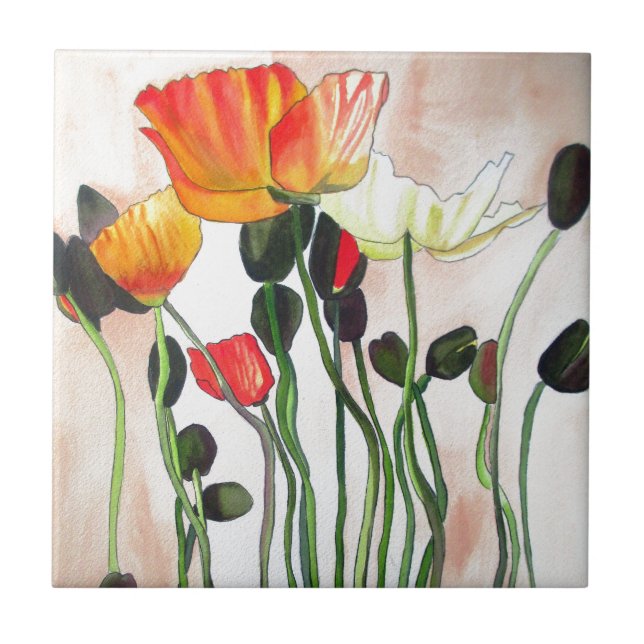 Carreau Orange Populaires fleurs aquarelle peinture (Devant)