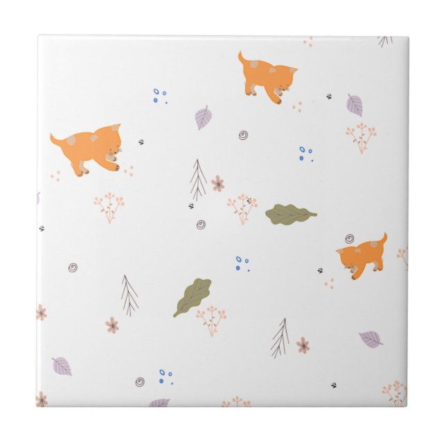 Carreau Orange Tabby et Motif Feuille (Devant)