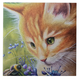 Carreau Orange Tabby Kitten & Bumblebee Aquarelle Art