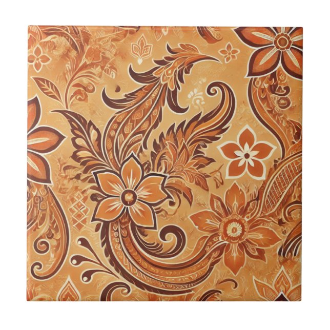 Carreau Orange Terracotta Floral Boho Indonésien Batik (Devant)