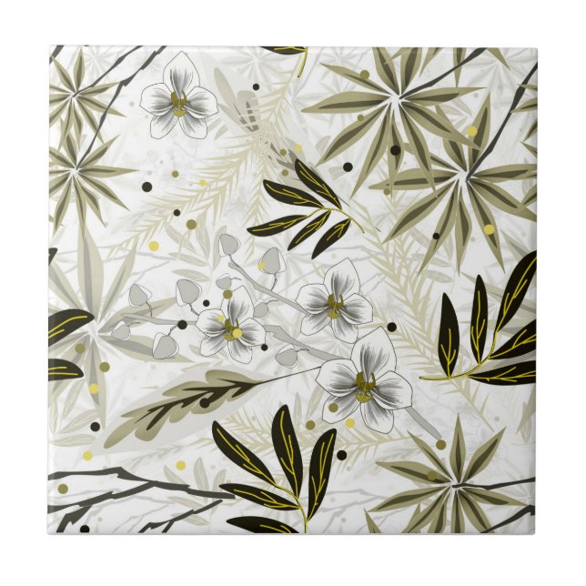 Carreau Orchidées blanches aux feuilles tropicaux d'olivie (Devant)