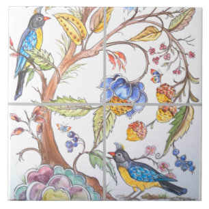 Carreau Oriental Jacobean Bird Floral Coloré Chinoiserie