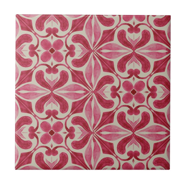 Carreau Ornate Red Azulejo Pattern with Floral Motifs  (Devant)