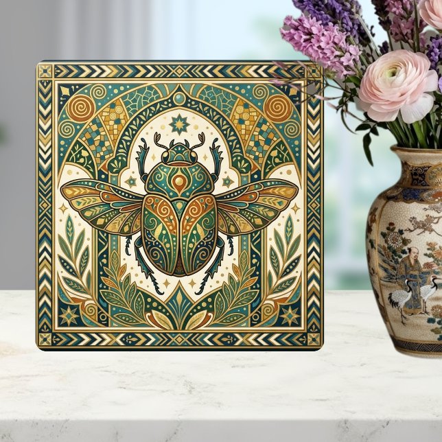 Carreau Ornate Scarab Beetle Emerald Teal Gold Art Nouveau (Créateur téléchargé)