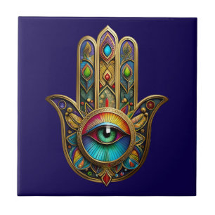 Carreau Orné Hamsa Coloré Or Sur Fond Rouge Troisième Œil 