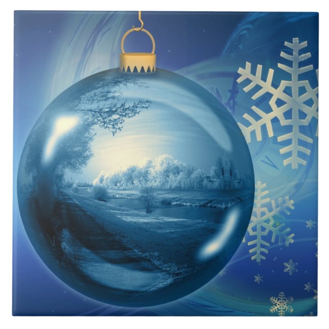 Carreau Ornement de flocon de neige de Noël bleu et blanc (Devant)