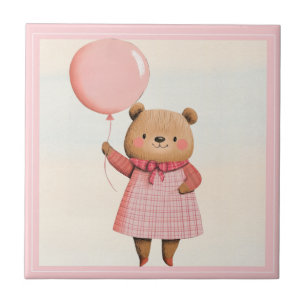Carreau Ours à ballons roses avec tenue en plaid