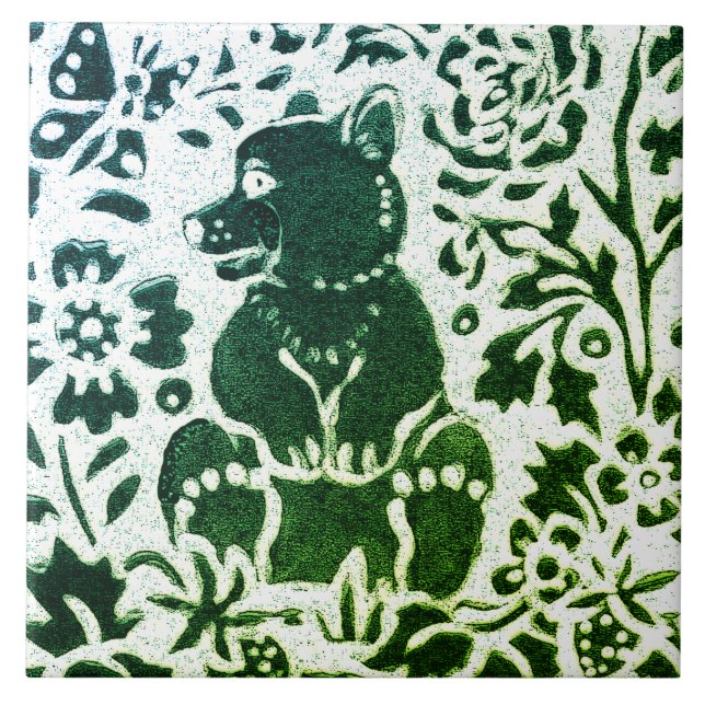 Carreau Ours Batik Moderne Vert Bleu Floral Bois (Devant)