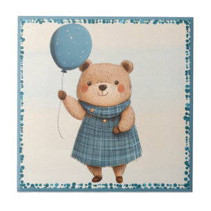 Carreau Ours de fille avec robe bleue plaid et ballon