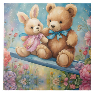 Carreau Ours en peluche et lapin dans un jardin pastel