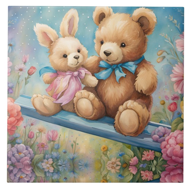 Carreau Ours en peluche et lapin dans un jardin pastel (Devant)