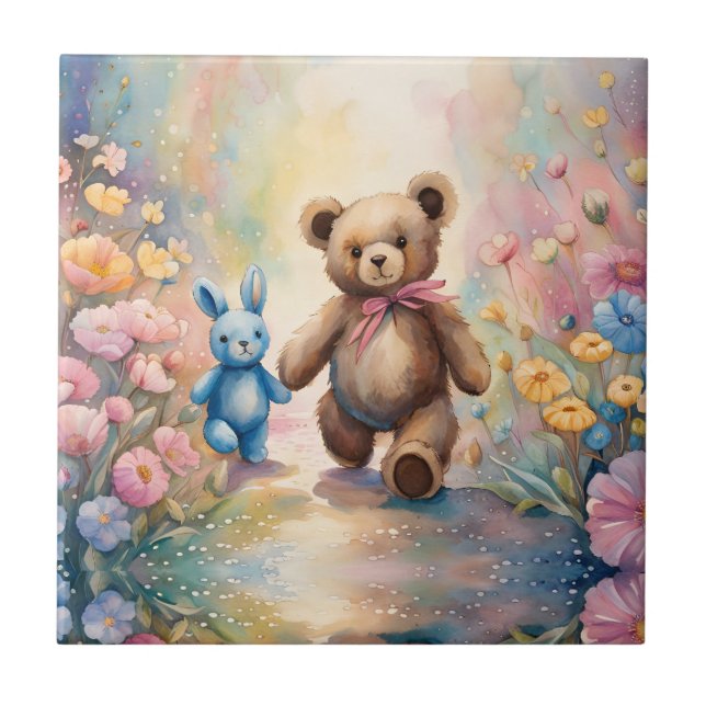 Carreau Ours en peluche et lapin dans un jardin pastel (Devant)