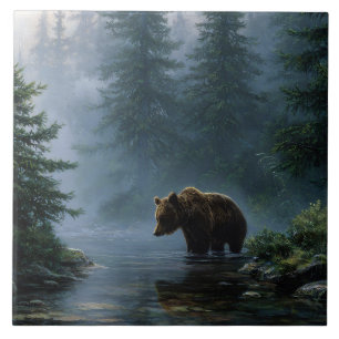 Carreau Ours Grizzly Forêt Brumeuse
