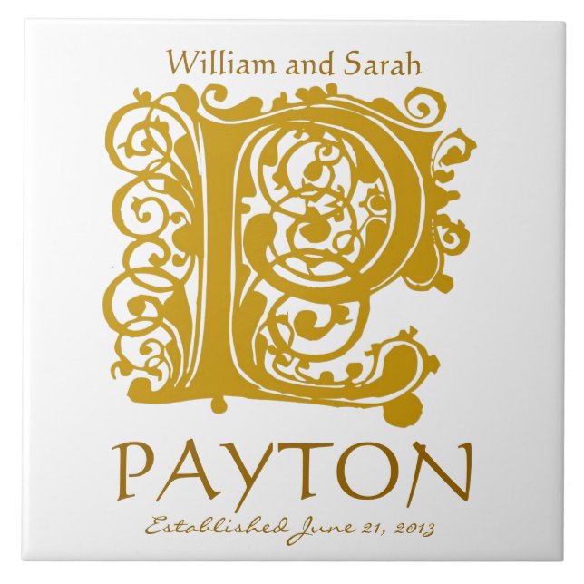 Carreau P Monogramme or sur blanc - Noms Mariage Date Tile (Devant)