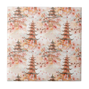 Carreau Pagode chinoise à l'aquarelle avec fleurs de ceris
