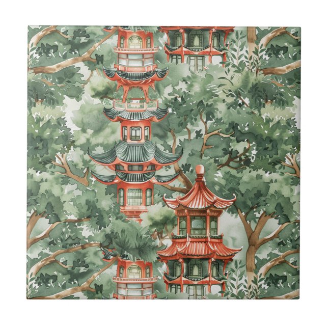 Carreau Pagode de Chinoiserie Forêt Vert Sauge (Devant)