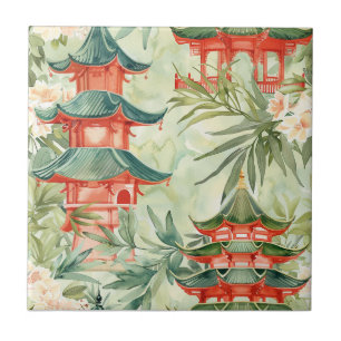 Carreau Pagode européenne de chinoiserie forêt aquarelle