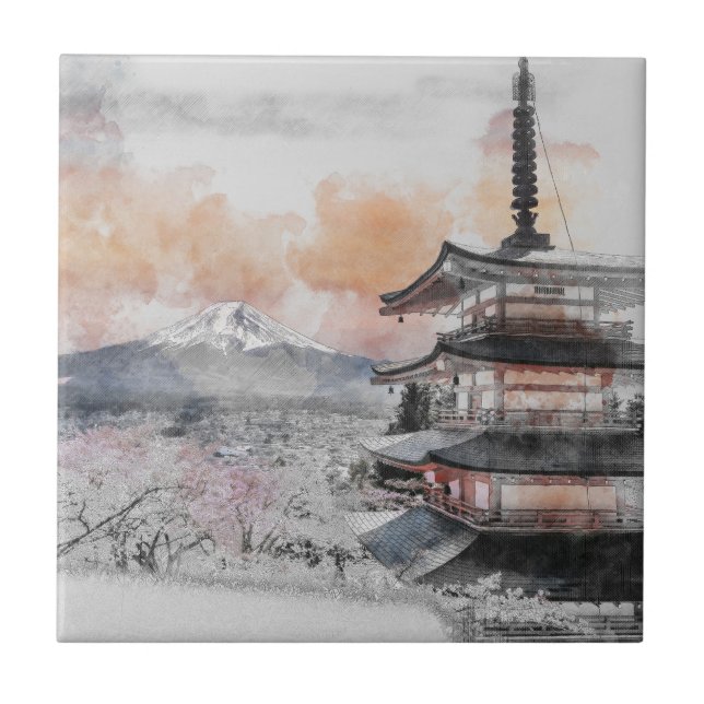 Carreau Pagode japonaise et Fuji à l'aquarelle  (Devant)
