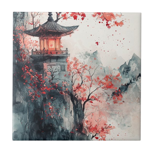 Carreau Pagode Sakura Crimson Aquarelle (Devant)