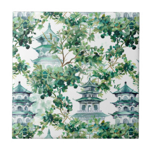 Carreau Pagodes à l'aquarelle Forêt d'olive Paysage asiati