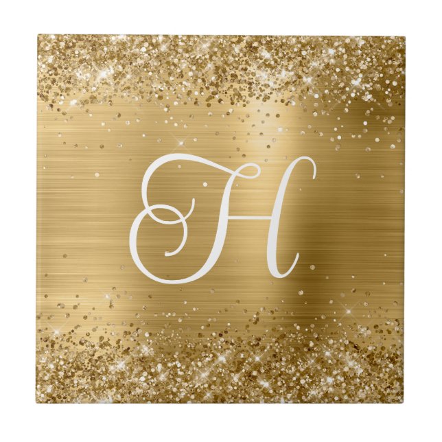 Carreau Paillettes dorées et monogramme en feuille d'or (Devant)
