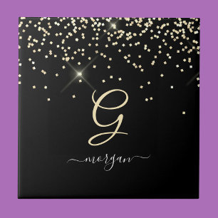 Carreau Paillettes dorées et monogramme Nom en écriture bl