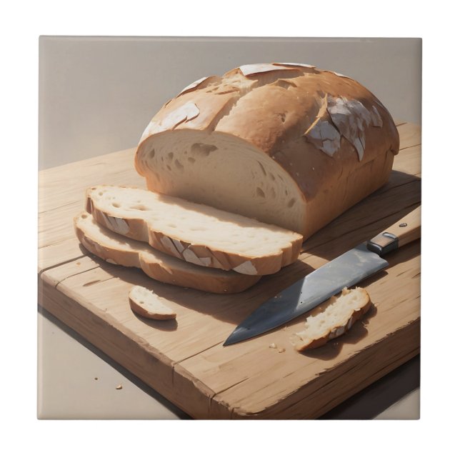 Carreau Pain croustillant et tranches sur planche en bois (Devant)