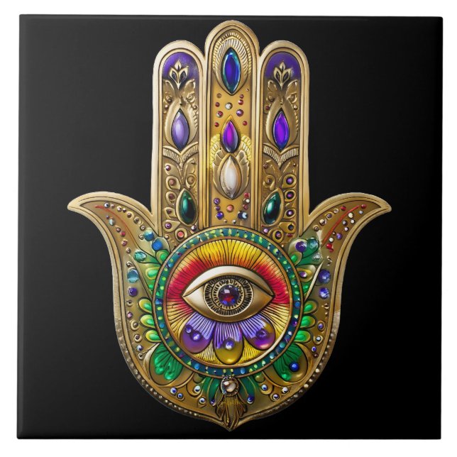Carreau Painted Gold Hamsa Amethyst Ruby Third Eye (Devant)