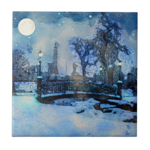 Carreau Painting of winter night in city park