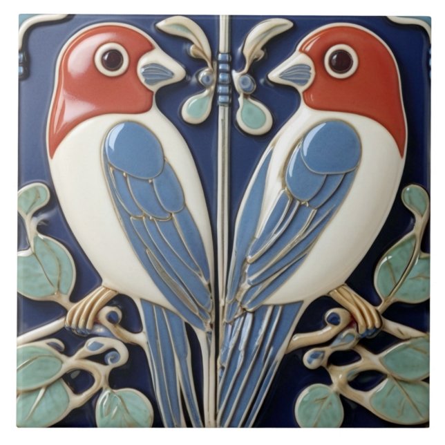 Carreau Paire Bleu Rouge - Oiseaux Art Nouveau Art Déco (Devant)