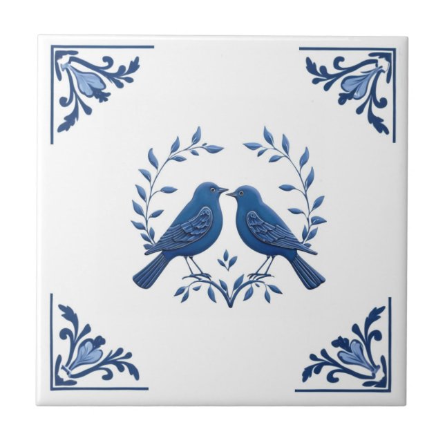 Carreau Paire d'oiseaux romantique Delft Blue White Floral (Devant)