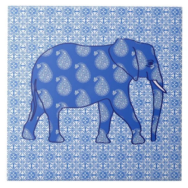 Carreau Paisley éléphant - bleu cobalt et blanc (Devant)