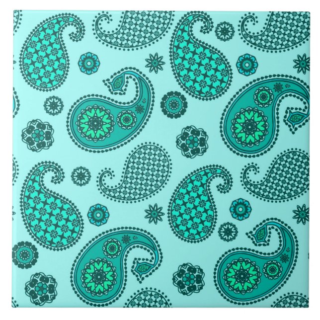 Carreau Paisley Motif, Aqua et Turquoise (Devant)