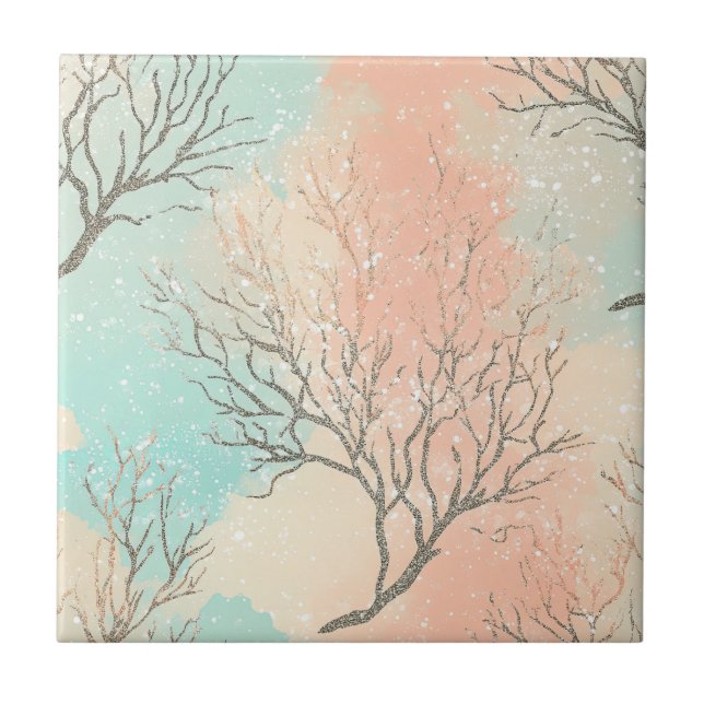 Carreau Palette de plage sophistiquée avec corail et vague (Devant)