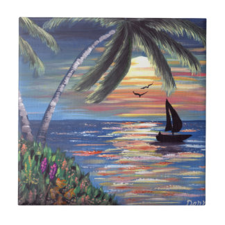 Carreau Palmiers Coucher du soleil Peinture océanique