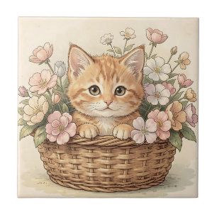 Carreau Panier de fleurs avec un adorable chaton roux