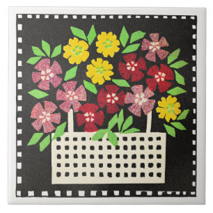 Carreau Panier de fleurs, rouge et jaune,