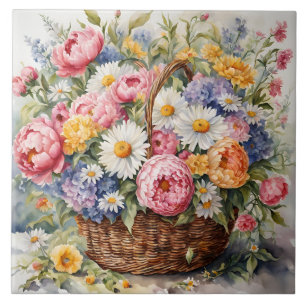 Carreau Panier en osier aquarelle avec fleurs d'été