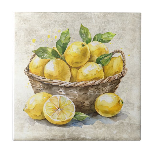Carreau Panier rustique de citrons en céramique Shabby Chi (Devant)