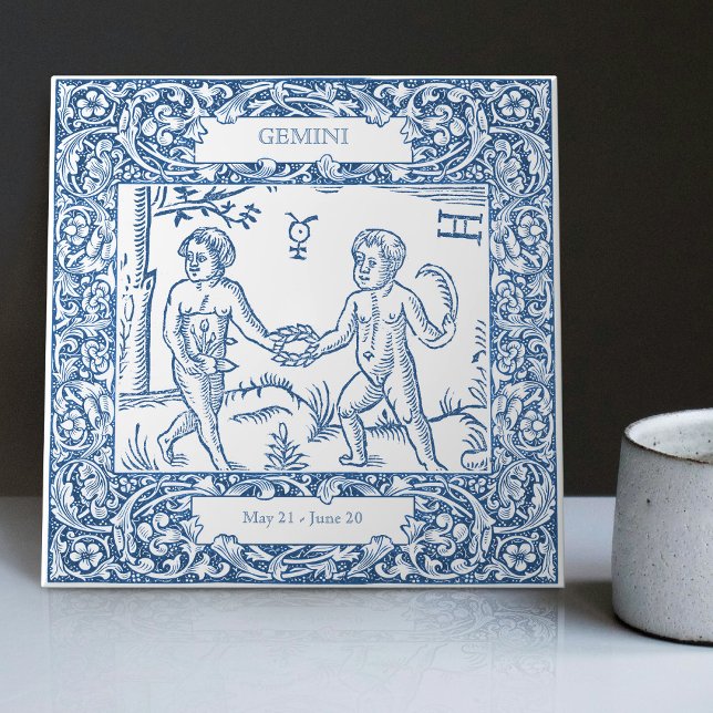 Carreau Panneau Zodiac Vintage Delft Blue Gemini (Créateur téléchargé)