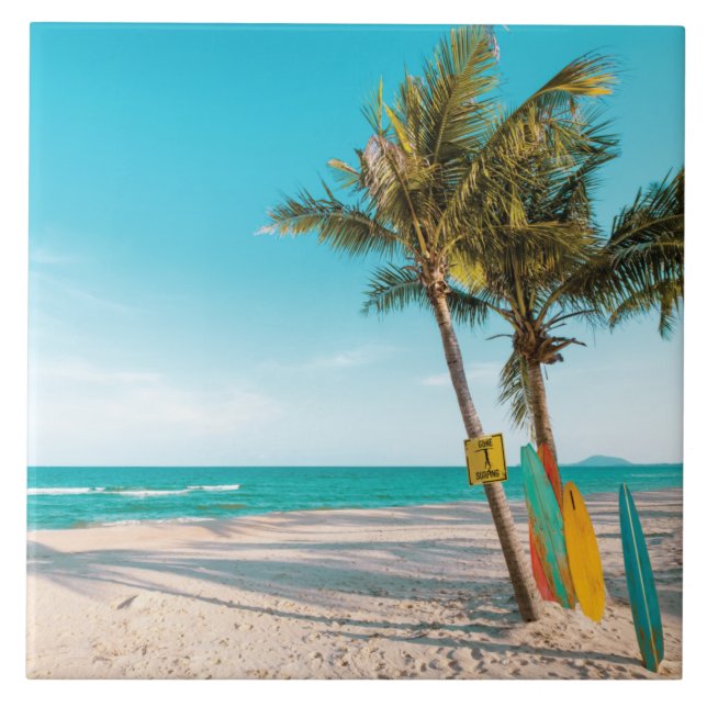 Carreau Panneaux de surf sur la plage lancer oreiller (Devant)