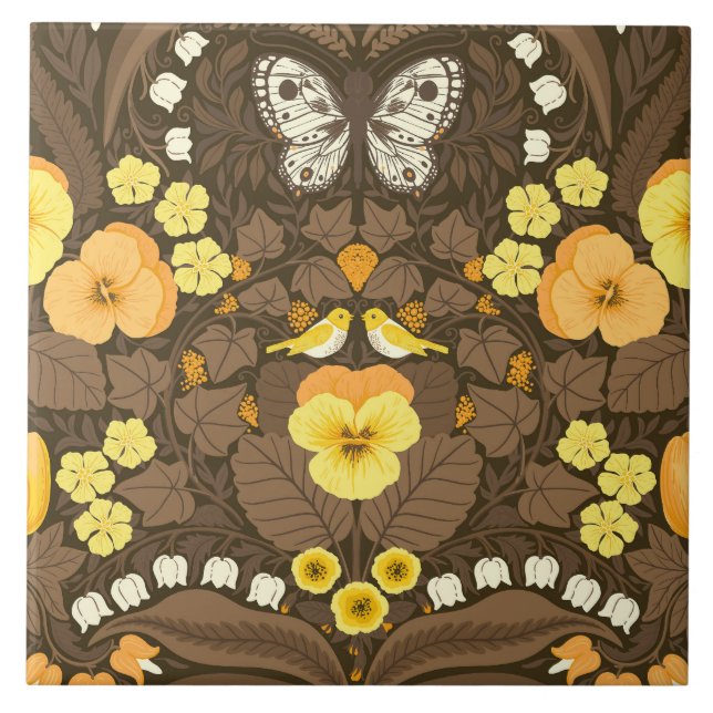 Carreau Pansies jaunes, oiseaux et papillons (Devant)